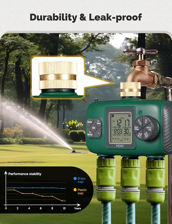 MOES 3 Outlet Sprinkler Timer, Brass Inlet, Programmable Automatic Irrigation Controller, Rain Delay, Manual Watering, 3 Zone Water Hose Timer for Gardens, Lawns