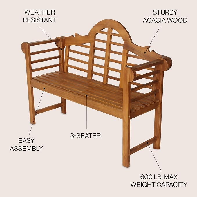 JONATHAN Y Lutyens 51" Acacia Wood Outdoor Bench, 2-Person Garden Bench with Arched Slatted Back and Armrests for Patio, Porch, Backyard, 600 lbs Capacity, Teak Finish BNH103A