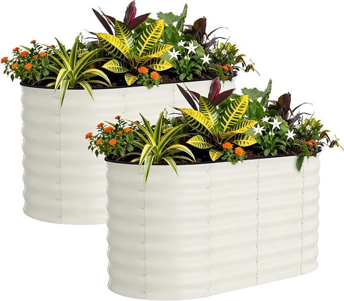 Garvee 2 Pack 4x2x2ft Galvanized Raised Garden Bed Kit, Oval Metal Planter Boxes with Anti-Cut Safety Edges, Rust-Resistant Deep Root Planters for Outdoor Vegetables, Flowers, Herbs, Beige