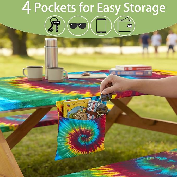 Fitted Waterproof Picnic Table Cover with Bench Covers Elastic 96×30In 3 Piece Camping Table Cloth for 8Ft Rectangle Tables Outdoor Camper Gifts Supplies Patio Rv Traveling Hiking Must Haves