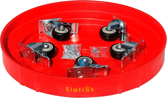 ELAFROS 30 Gallon and 55 Gallon Heavy Duty Plastic Drum Dolly – Durable Plastic Drum Cart 900 lb. Capacity- Barrel Dolly with 5 Swivel Casters Wheel, Red, with Brake
