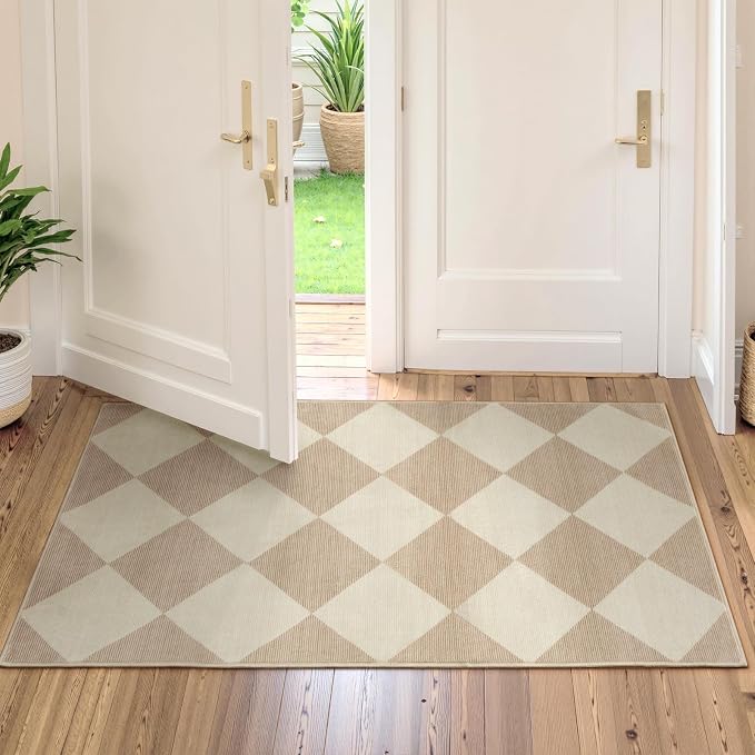 Beeiva Checkered Print Washable Runners for Hallways 2x4, Ultra Thin Beige Small Rugs for Entryway Low Pile Non Slip Bathroom Rug, Modern Geometric Decor Neutral Throw Rug for Kitchen Laundry Bedroom