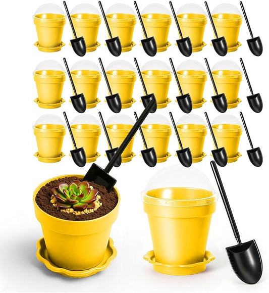 20 Pcs Nursery Pots with Humidity Dome, Flower Pot Dessert Cups with Bring A Plate and Shovel, Planting Cups for Seeds for Indoor Gardening and Plant Propagation(Yellow)
