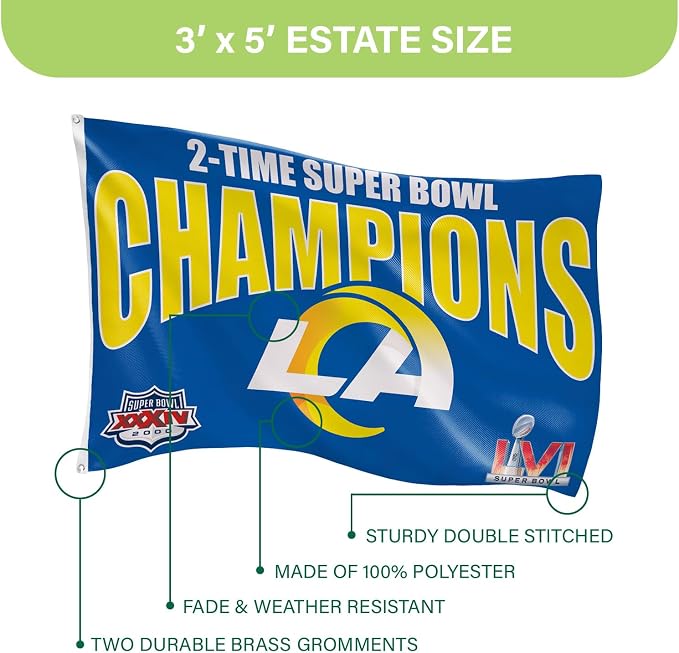 Team Sports America NFL LA Rams Multi-Win Superbowl Champions 3x5 Flag for Outside with Grommets | Outdoor & Indoor | Heavy Duty Flag & Banner | Works with Flag Pole for Outside House