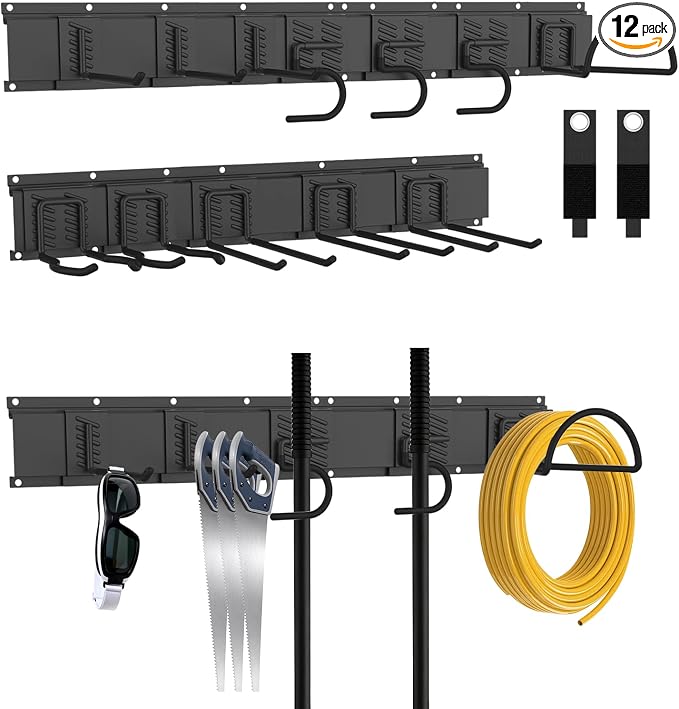 Garage Tool Organizer Wall Mount, Easy to 64inch Install Heavy-Duty Garage Storage System with 12 Adjustable Hooks, Garden Tool Rack for Shovels, Rakes, Yard Tools