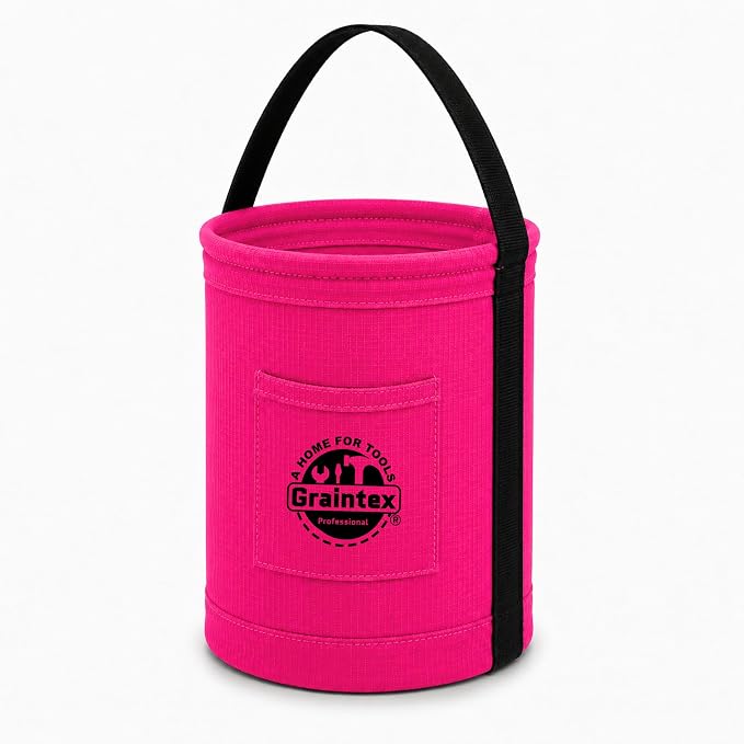 Graintex Canvas Utility Bucket 9.5"x14", Round Tool Bucket, Reinforced Base & Carry Handle, Ripstop Canvas, Ideal Multi-Purpose Bag for Jobsite, Gardening, Home Use, Tool Storage (Pink)