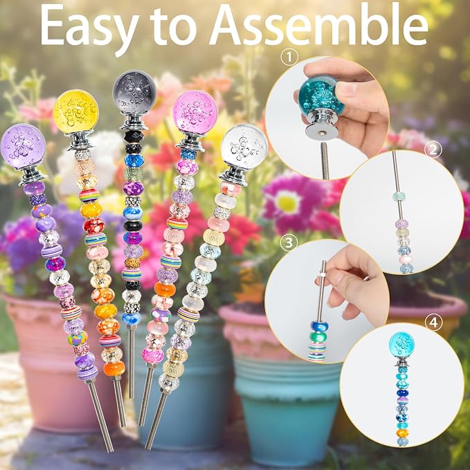 230Pcs Bubble Top Garden Stakes Kit, Crystal Wand Decor for Patio | 230pcs Set, 9.8" Steel Rods, 10.8" Assembled Height, Glass Bubble Tops, Acrylic Beads, For Pots Planters Patio Outdoor Decor