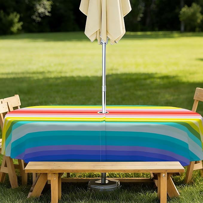 Mexico Strip Oval Outdoor Tablecloth with Umbrella Hole 54" x 72" Waterproof Zipper Table Cloth for Patio Table - Ideal Tablecloths for Picnics, Camping, and Yard Use