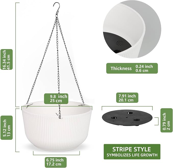 Dexceder 9.8 Inch Self Watering Hanging Planter (2 Pack, White) | Thickened Hanging Basket Flower Plant Pot Indoor Outdoor