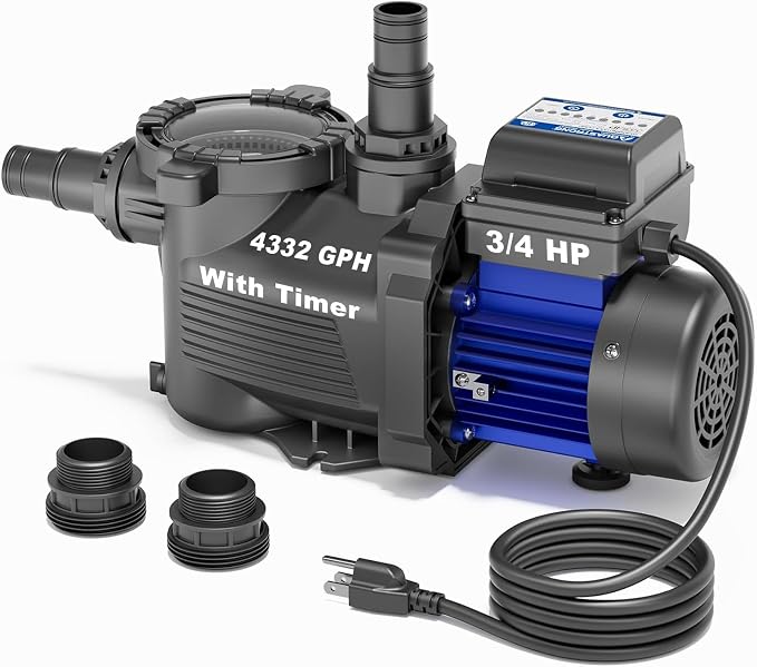 AQUASTRONG 3/4 HP Above Ground Pool Pump with Timer, 1.25"&1.5''adapter, 115V, 4332GPH, High Flow, Powerful Self Primming Swimming Pool Pumps with Filter Basket