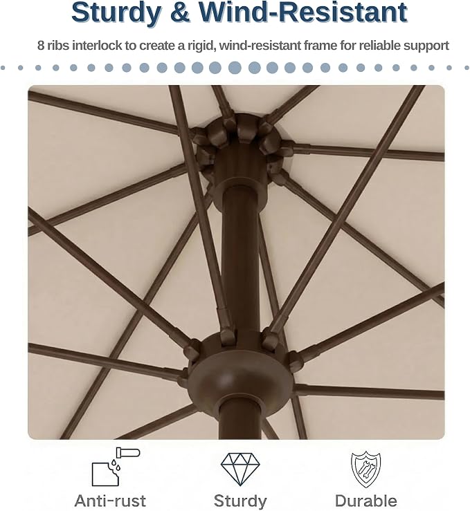 PatioKingdom 9FT Patio Outdoor Umbrella-UPF 50+ Sun Shade with Wind Vent, Push-Button Tilt & Smooth Crank Lift, Rust-Resistant Fiberglass Frame for Garden, Backyard,Yard (Beige)