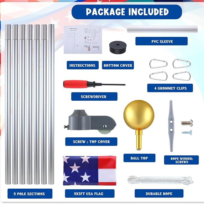 FuWeave Flagpoles for Outside House in Ground 25 ft Sectional Flag Pole Kit Extra Thick 16 Gauge Heavy Duty Aluminum Flag Pole with Gold Ball Top for Residential or Commercial (Silver)