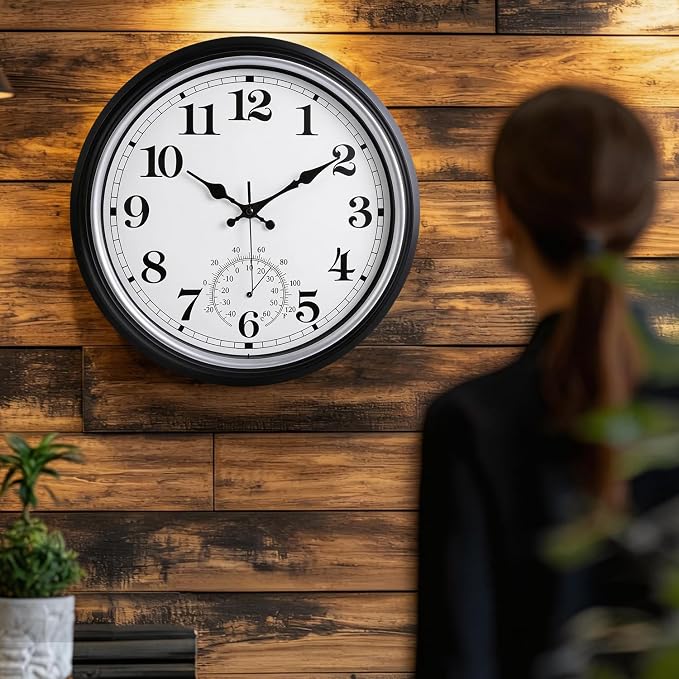 16 Inch Large Outdoor Clock Retro Waterproof Clock Non-Ticking Indoor/Outdoor Wall Clock with Thermometer, Battery Operated for Pool, Patio, Garden, Black
