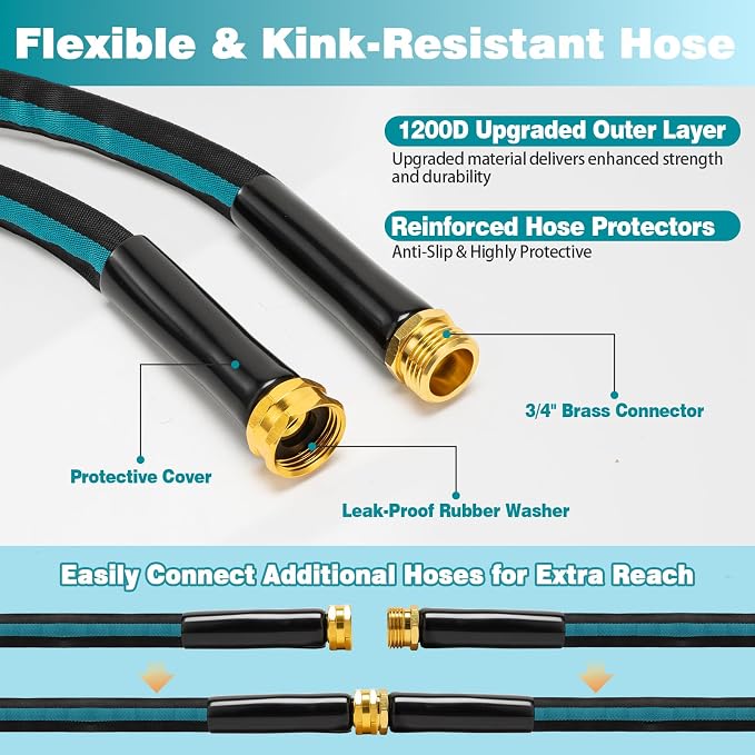 25FT Garden Hose, Kink-Free Non-Expandable Flexible Water Hose with 10-Pattern Spray Nozzle, Lightweight Leakproof Flat Hose with 3/4” Solid Brass Connector for Yard, Lawn & Outdoor Use