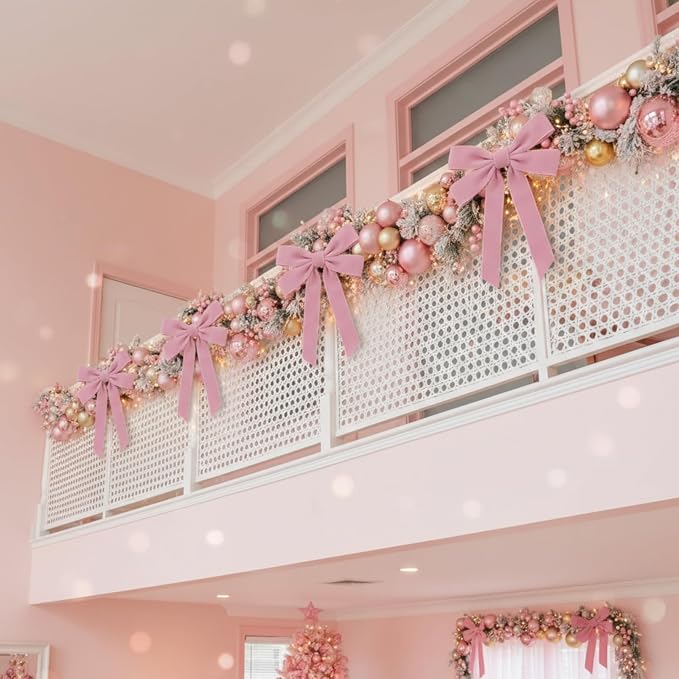 Soulchen 12 Pcs 20 Inches Christmas Garland Ties with Large Velvet Bows Reusable Holiday Wreath Twist Tie Bows for Banister Christmas Tree Indoor Outdoor Party Decorations (Pink)