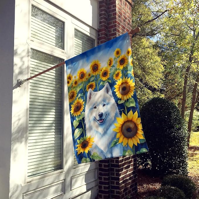 Caroline's Treasures DAC6154CHF Samoyed in Sunflowers House Flag Large Porch Sleeve Pole Decorative Outside Yard Banner Artwork Wall Hanging, Polyester, House Size, Multicolor
