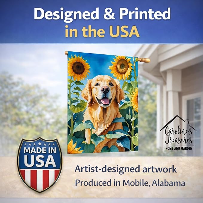 Caroline's Treasures DAC6088CHF Golden Retriever in Sunflowers House Flag Large Porch Sleeve Pole Decorative Outside Yard Banner Artwork Wall Hanging, Polyester, House Size, Multicolor