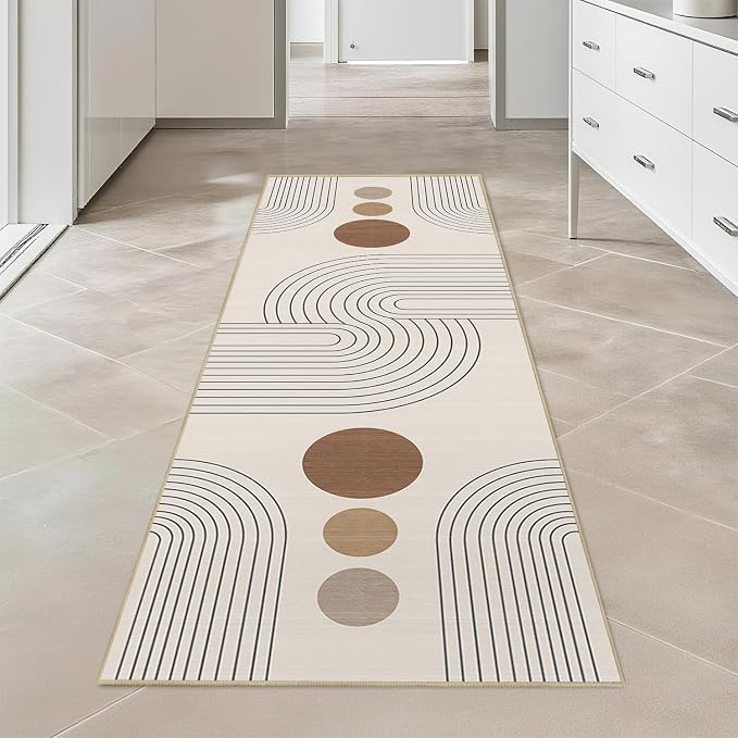 Boho Runner Rug 2x6 Modern Geometric Abstract Rug for Hallway Kitchen Bedroom Neutral Beige Mid Century Modern Runner Machine Washable Non-Slip Printed Low-Pile Long Floor Carpet for Bathroom Laundry