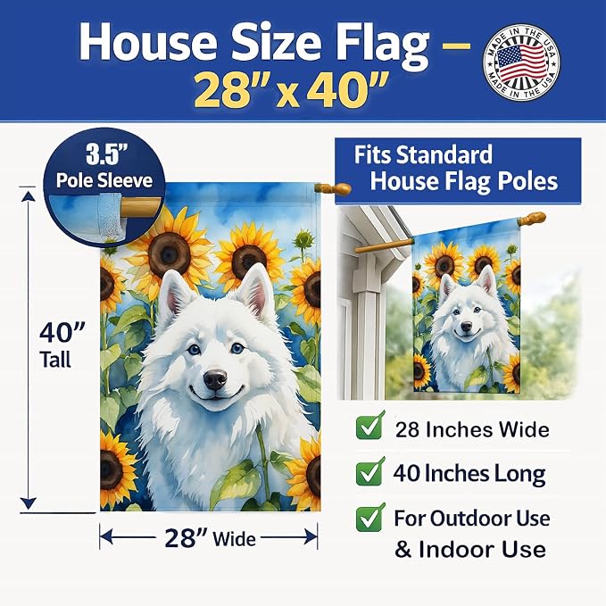 Caroline's Treasures DAC6008CHF American Eskimo in Sunflowers House Flag Large Porch Sleeve Pole Decorative Outside Yard Banner Artwork Wall Hanging, Polyester, House Size, Multicolor