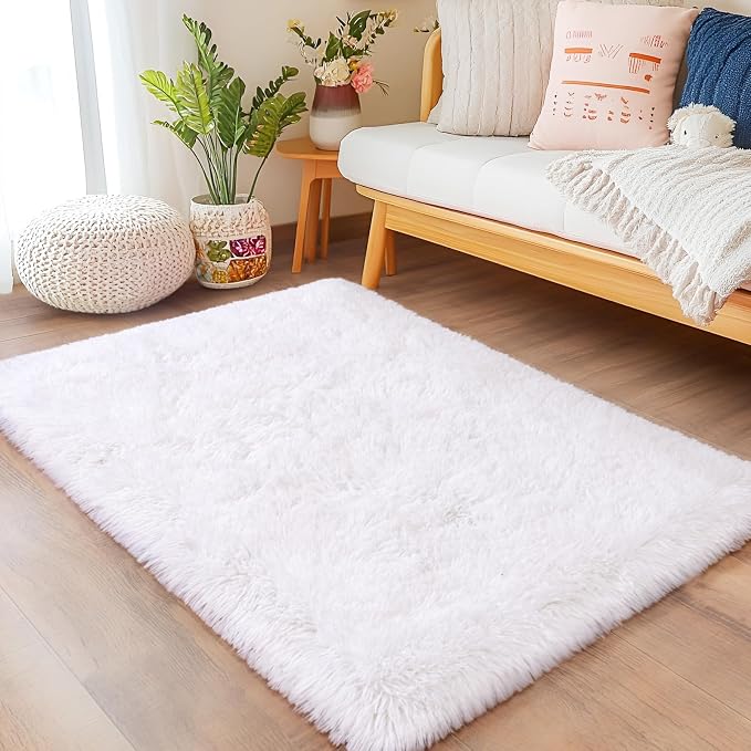 2x3 Small White Rugs for Bedroom, Soft Fluffy Shaggy Bedside Throw Rugs for Living Room, Indoor Floor Carpet for Kids Girls and Boys, Nursery Rooms, Home Decor Aesthetic