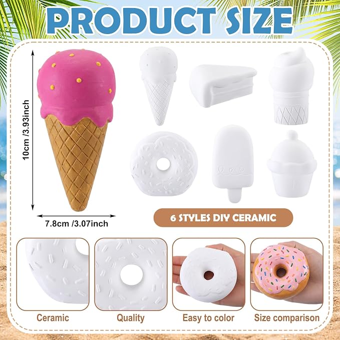 Acellegic 6 Pcs Ceramics Dessert to Paint Ready to Paint Your Own Sweet Treats Statue DIY White Ceramic Sweet Craft for Yard Decor Summer Spring Painting Art
