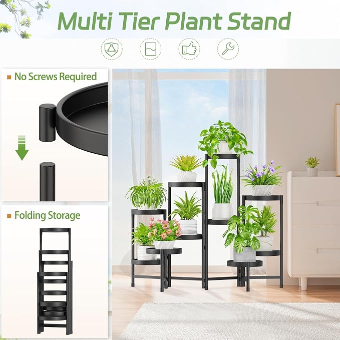 iDavosic.ly Plant Stand Indoor Outdoor, 10 Tier Corner Metal Flower Display Holder Shelf, Folding Tall Orchid Rack for Patio Balcony Porch Garden Living Room House, Black