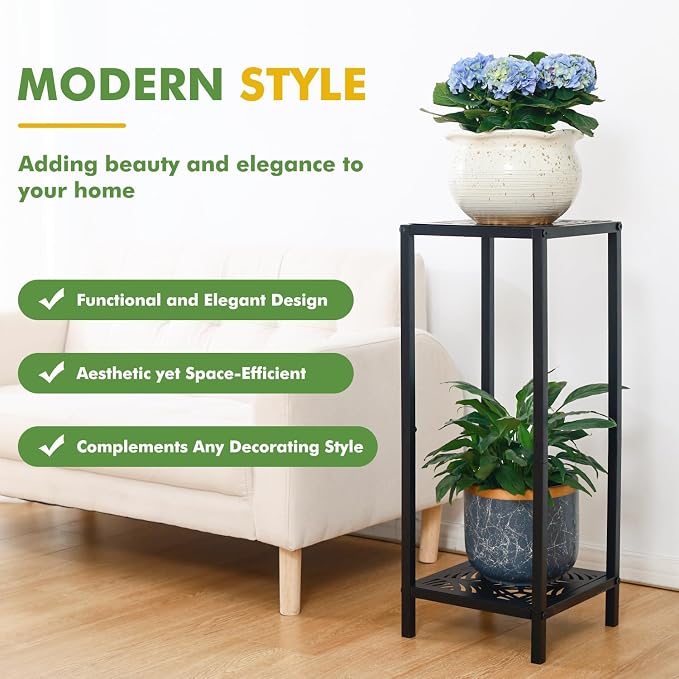 Party Zealot 2-Tier Tall Metal Square Plant Stand 31" Heavy-Duty Modern Flower Pot Rack for Indoor Living Room, Corner Side Table for Outdoor Patio, Garden, and Balcony Black, Leaf