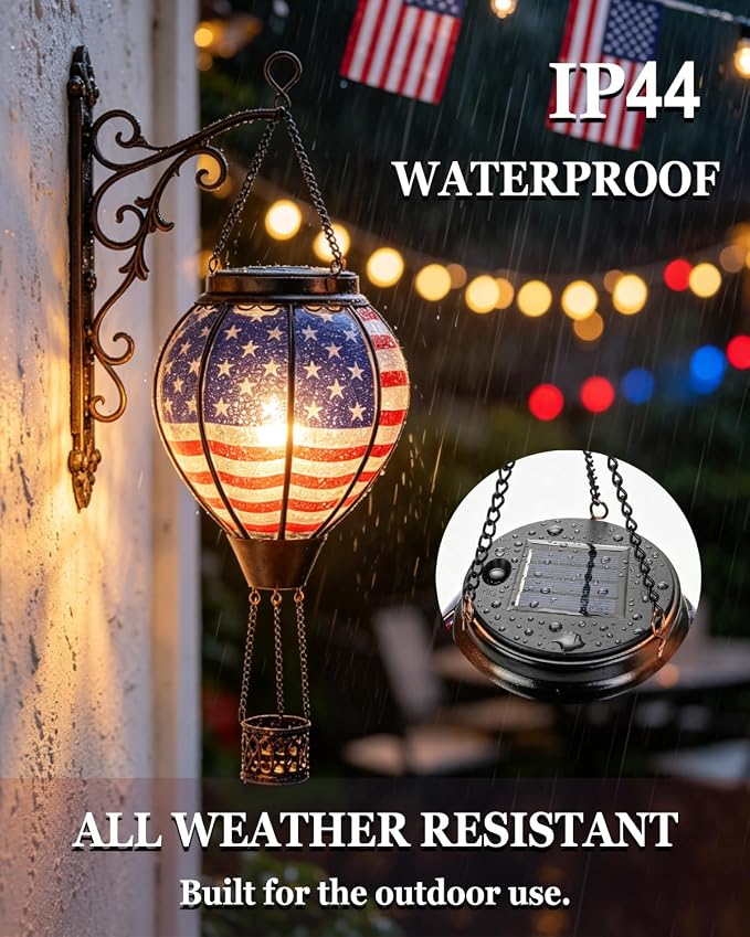 Larekook Solar Hot Air Balloon Lantern with Flame Flickering,Glass Hot Air Balloon Solar Lantern Outdoor Waterproof Hanging Garden Light for Patio Porch Yard,Birthday Gifts for Women(American Flag)