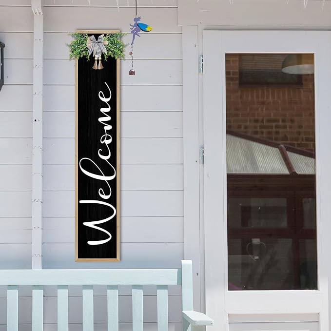 Welcome Cursive Sign for Front Porch Standing 45"X9" Tall Large Vertical Leaner Wood Framed Outdoor Wall Decor (Wood Black)