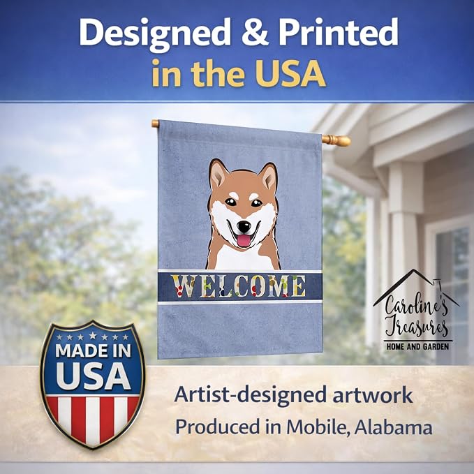Caroline's Treasures BB1411CHF Shiba Inu Welcome House Flag, Blue Large Porch Sleeve Pole Decorative Outside Yard Banner Artwork Wall Hanging, Polyester, House Size, Multicolor