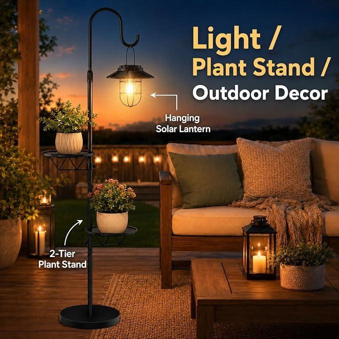Candieslife 61" H Solar Lights Outdoor with Plant Stands - Metal Shepherd Hook Lantern, Waterproof Floor Lamp with Heavy Base for Patio Porch Deck Yard Garden Decor