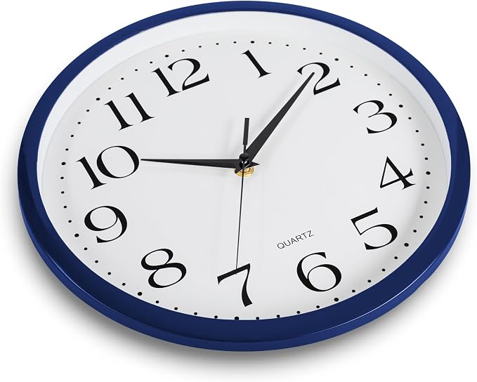Bernhard Products Navy Wall Clock Silent Non Ticking - 12 Inch Quality Quartz Battery Operated Round Easy to Read Home/Kitchen/Office/Classroom/School Clock