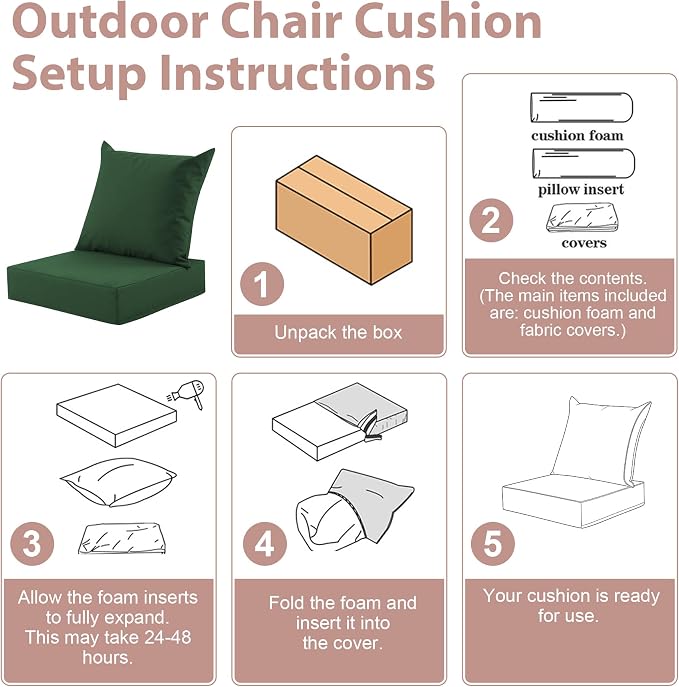 Outdoor Deep Seat Cushion Set, 24x24 Inch Water-Resistant & Fade-Resistant Outdoor Chair Cushions, Patio Furniture Cushions with Removable Cover for Patio Chair, Sofa, Forest Green (Set of 2)