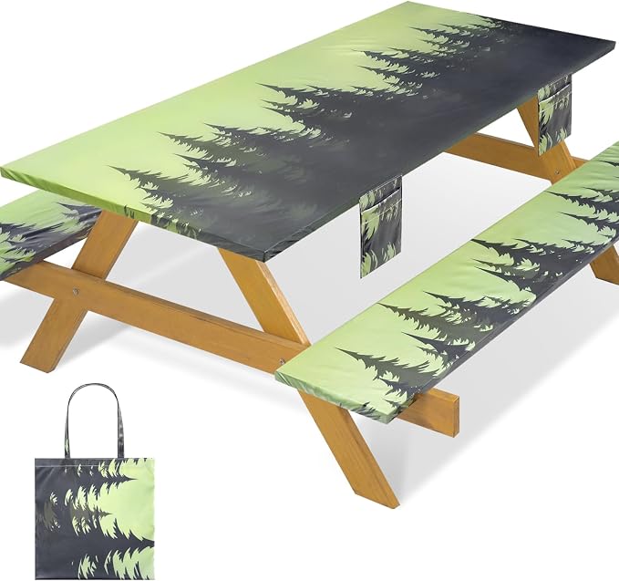 Fitted Waterproof Picnic Table Cover with Bench Covers Elastic 72×30In 3 Piece Camping Table Cloth for 6Ft Rectangle Tables Outdoor Camper Gifts Supplies Patio Rv Traveling Hiking Must Haves