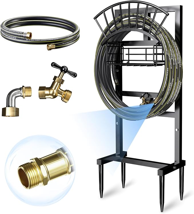 Garden Hose Holder with 45ft Water Hose, Brass Faucet | 5ft Hose Leader, Metal Heavy Duty Freestanding Garden Hose Hanger Storage Stand, Hose Storage for Outside Yard Lawn Farm