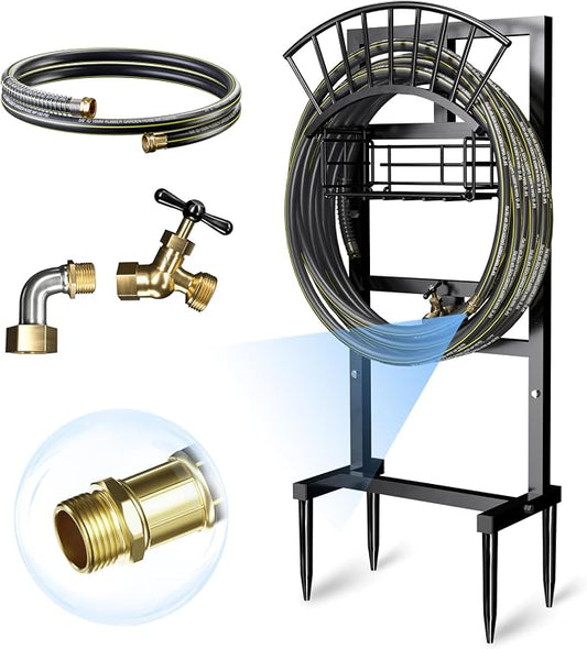 Garden Hose Holder with 45ft Water Hose, Brass Faucet | 5ft Hose Leader, Metal Heavy Duty Freestanding Garden Hose Hanger Storage Stand, Hose Storage for Outside Yard Lawn Farm