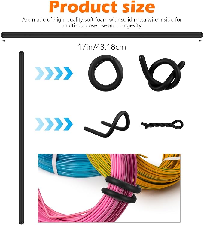 20 Pcs 17 Inch EVA Foam Twist Rubber Ties Reusable Bendable Cable Tie Straps Flexible Heavy Duty Twisty Ties for Organizing Cords Bundling (Black)