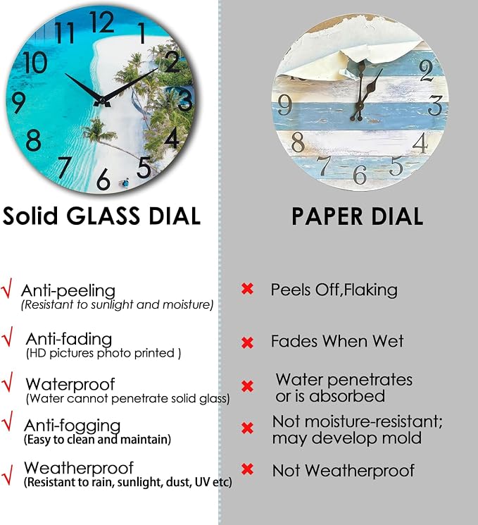 14 Inch Outdoor Clock Waterproof – Tempered Glass Silent Non-Ticking, Tropical Beach Theme Nautical Coastal Decor Wall Clock for Patio Pool Garden Bathroom