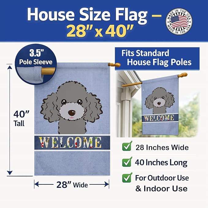 Caroline's Treasures BB1445CHF Silver Gray Poodle Welcome House Flag, Blue Large Porch Sleeve Pole Decorative Outside Yard Banner Artwork Wall Hanging, Polyester, House Size, Multicolor