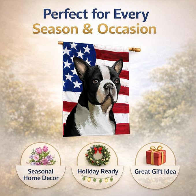Caroline's Treasures CK6451CHF Boston Terrier Dog American Flag House Flag Large Porch Sleeve Pole Decorative Outside Yard Banner Artwork Wall Hanging, Polyester, House Size, Multicolor