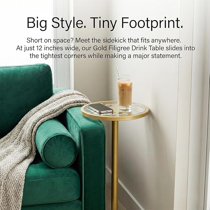 Gold Drink Table, Indoor Outdoor Small Round Side Table with Tempered Glass Top & Scroll Design, 24.7" Metal Pedestal End Table for Living Room, Patio, Small Spaces, Weather Resistant