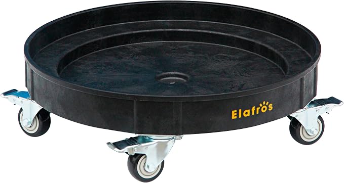 ELAFROS 30 Gallon and 55 Gallon Heavy Duty Plastic Drum Dolly – Durable Plastic Drum Cart 900 lb. Capacity- Barrel Dolly with 5 Swivel Casters Wheel, Black, with Brake