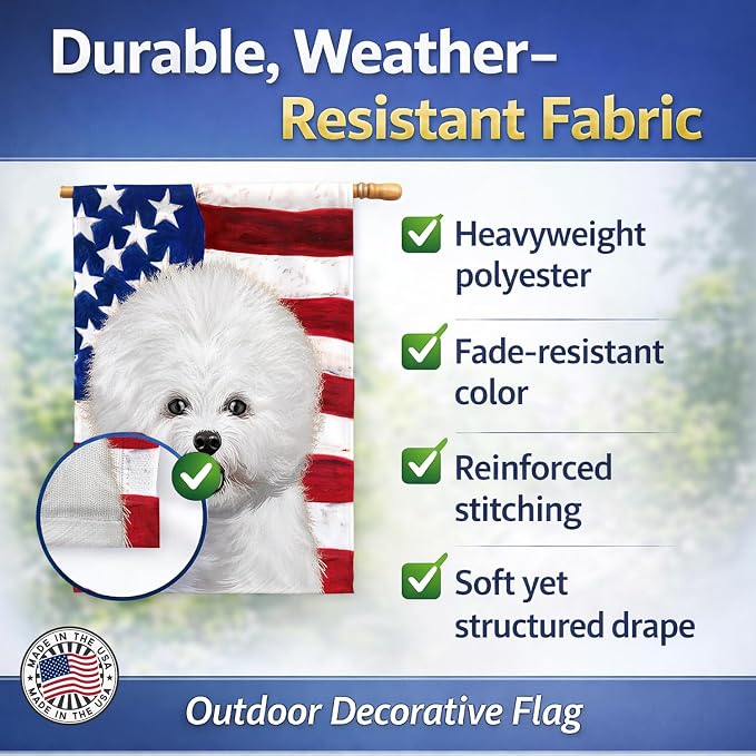 Caroline's Treasures CK6434CHF Bichon Frise American Flag House Flag Large Porch Sleeve Pole Decorative Outside Yard Banner Artwork Wall Hanging, Polyester, House Size, Multicolor