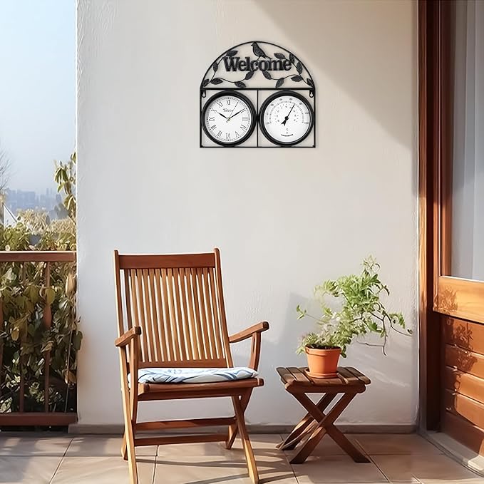 17Inch Large Outdoor Clock,Waterproof Wall Clock with Thermometer,Weatherproof Non-Ticking Quartz Battery Operated Decor Clock for Patio,Garden,Pool,Porch,House Warming Gifts