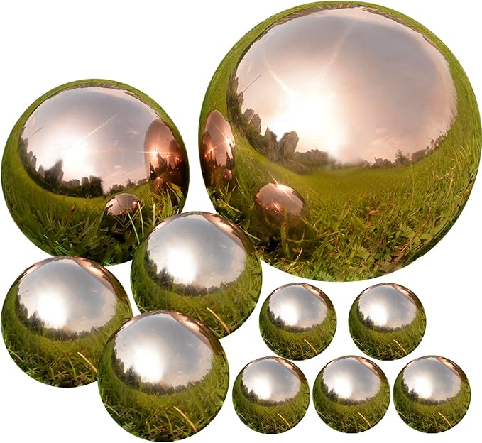 Gazing Ball Garden Mirror Outdoor, Outside Decorative Globe Rose Gold 10Pcs | Metal Polished Reflective Sphere, Stainless Steel Hollow Decoration Ornament for Home Pond Swimming Pool Housewarming Gift