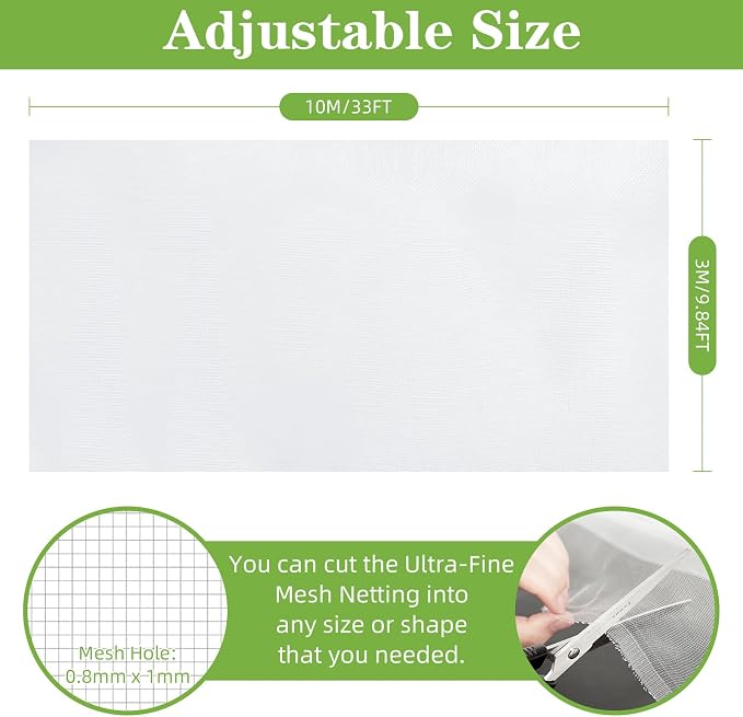 10 x 33FT Garden Mesh Netting, Ultra Fine Mesh Protection Netting Plant Covers Greenhouse Row Cover Raised Bed Screen Barrier Net for Vegetable Fruits Flowers Trees Crops, White