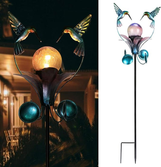 Decorative Solar Outdoor Light, Hummingbird Glass Globe Stake For Lawn Yard | Solar Hummingbird Lights With Wind Spinner Design, Crackle Glass Globe, Auto On/Off For Garden, Lawn, Yard