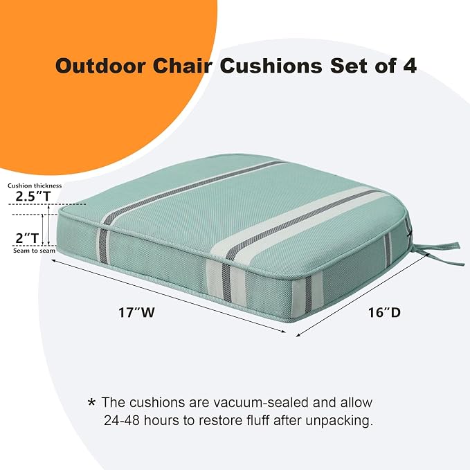 Unimatta Round Corner Seat Cushions, 17" x 16" x 2", Set of 4, Indoor Outdoor Water Repellent Universal Chair Pads with Ties for Patio Furniture, Garden Deck Dining Chairs, Aqua Stripe