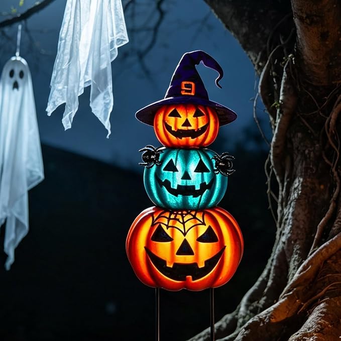 Halloween Yard Stakes Large with Stackable Pumpkins Scary Spiders | 39.3" Metal Halloween Yard Decorations for Garden, Lawn, Patio, Outdoor Decor with Witch Hat