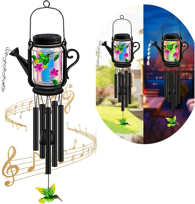 Solar Hummingbird Wind Chimes for Outside - Gifts for Mom Women Grandma,Solar Mason Jar Watering Can Hummingbird Light Unique Hanging Wind Chimes Outdoor,Yard Garden Terrace Courtyard